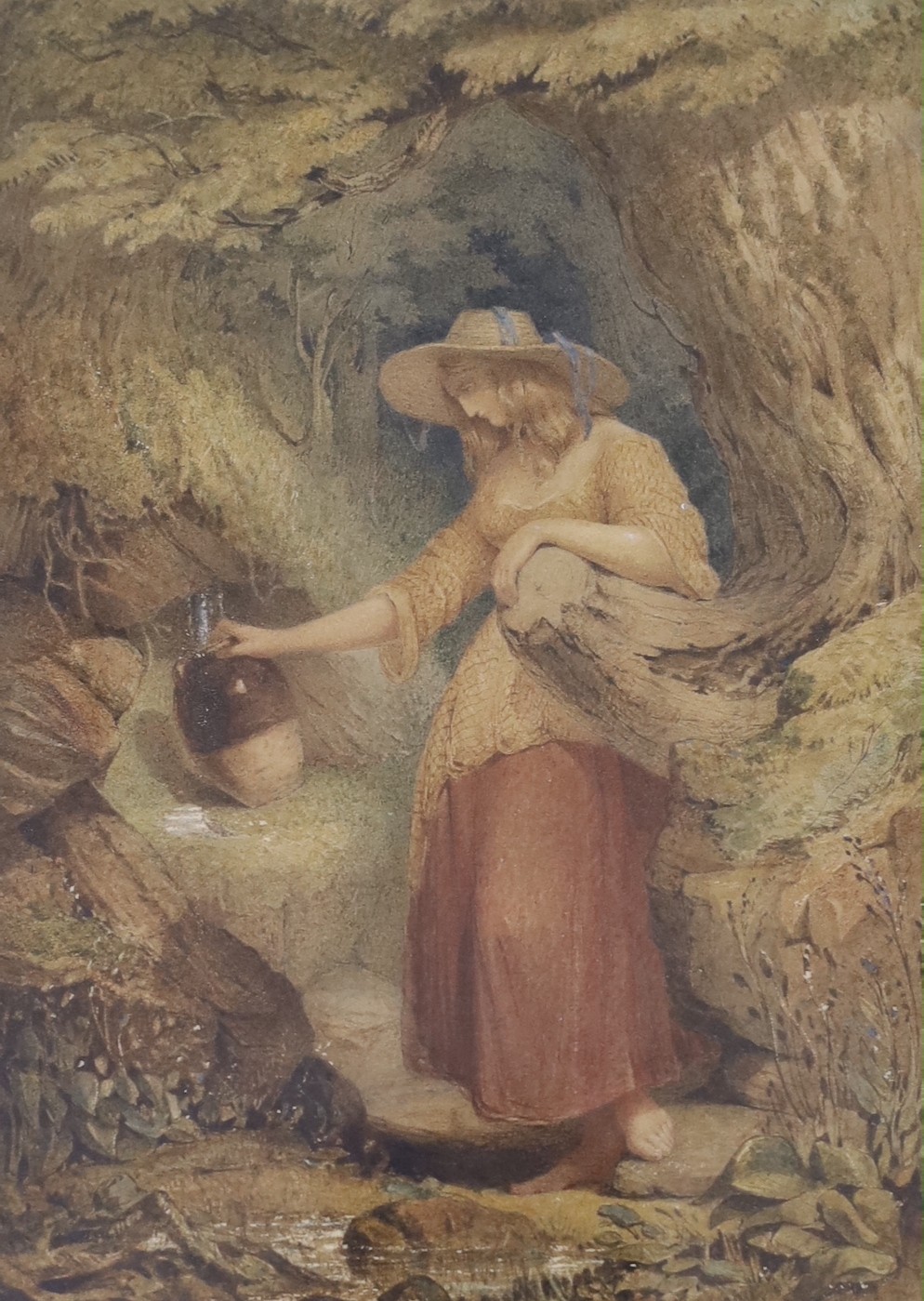 19th century English School, watercolour, Woman collecting water from a spring, 22 x 16cm and John Linnell (1792-1882), watercolour, Harvest scene, 25 x 41cm